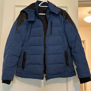 Danier Blue Puffer Jacket with Leather Trim, Size Large